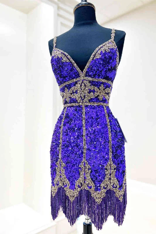 Blowout Deals Glitter Purple Sequined Short Homecoming Dress with Tassel