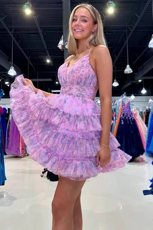 Exclusive Online Offer Straps Floral Print A-line Ruffle Homecoming Dress