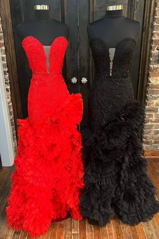 Price Smash Strapless Cut-Out Back Ruffle Layers Mermaid Prom Dress
