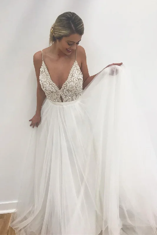 Special Savings Long A-line Spaghetti Strap Ivory Wedding Dress with Lace