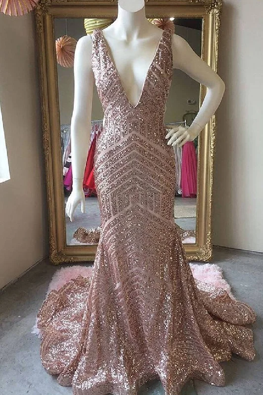Hot Deal Deep V-Neck Mermaid Rose Gold Sequins Long Prom Dress