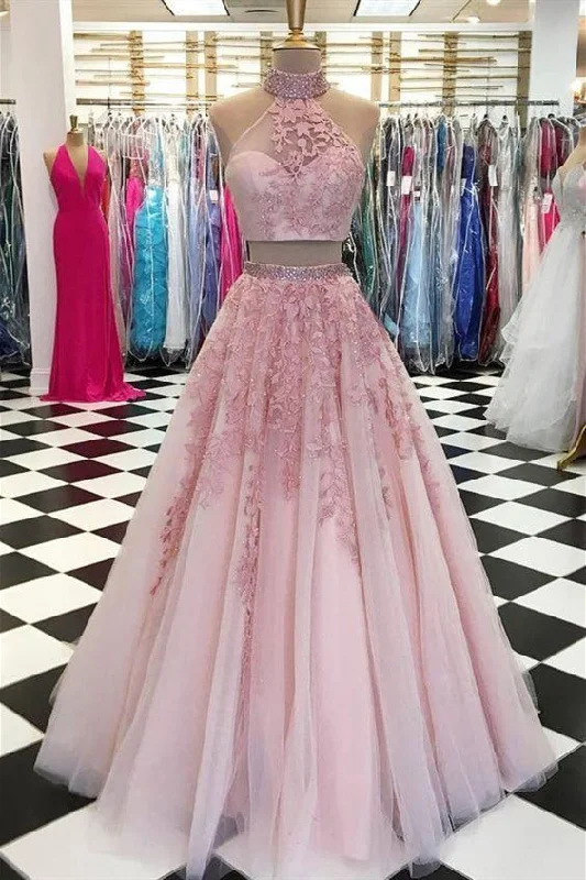 Special Savings Two Piece High Neck Pink Long Prom Dress with Lace