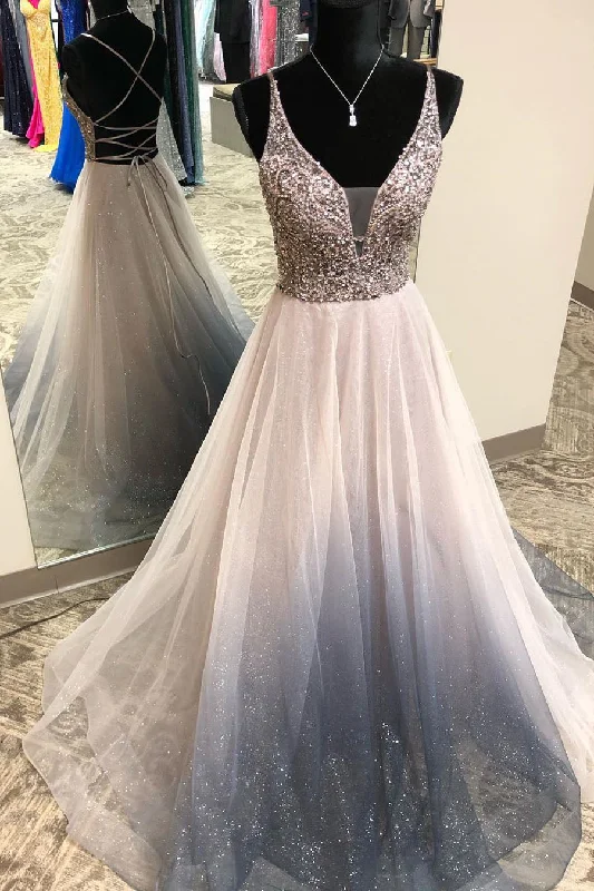 Online Exclusive Gorgeous V Neck Criss Back Silver Beaded Long Prom Dress
