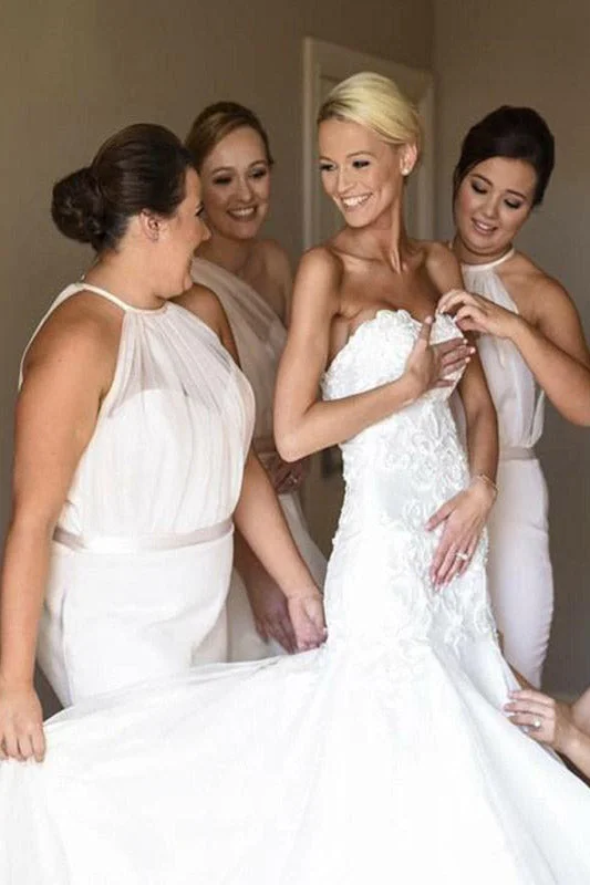 Weekend Deal Mermaid Halter White Long Bridesmaid Dress with Sweep Train