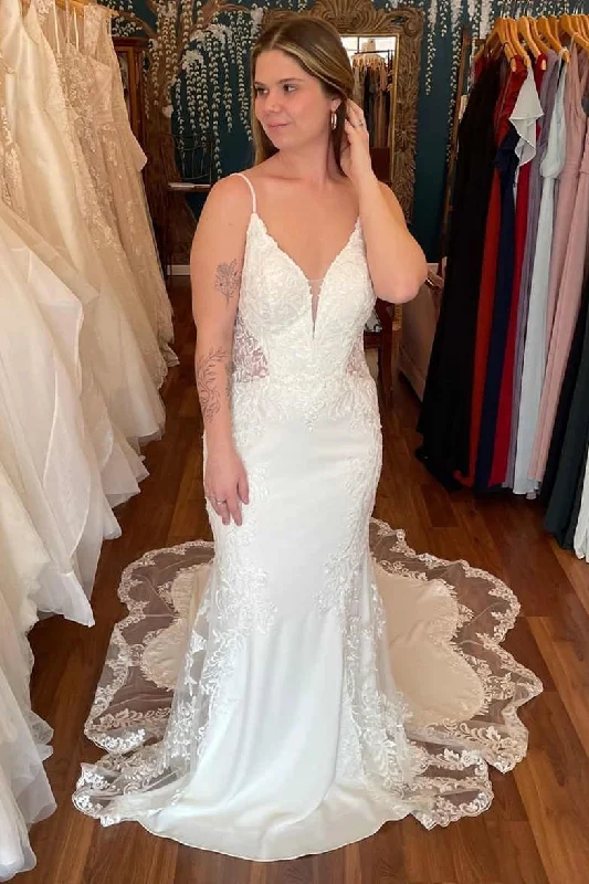 Mega Deal Backless Straps White Lace Mermaid Wedding Dress