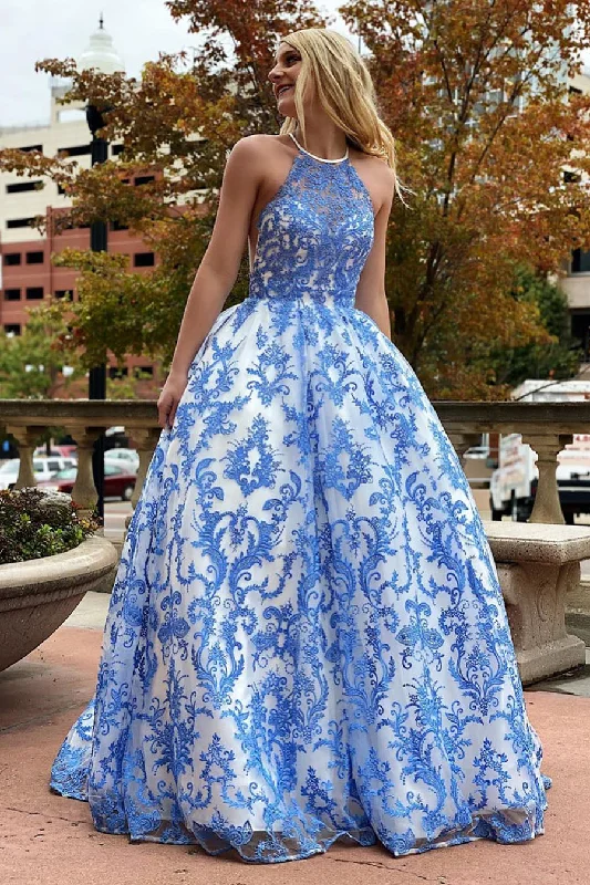 Act Fast Elegant White and Blue Floral Embroidered Long Prom Gown