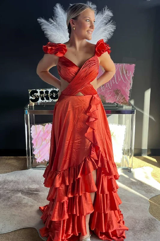 Clearance Sale Ruffled Straps Red Pleated Layered Long Prom Dress