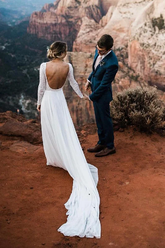 Bargain Prices Sheath Open Back Long Sleeves White Wedding Dress with Lace Top