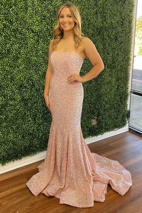 Price Drop Pink Iridescent Sequin Strapless Mermaid Long Prom Dress