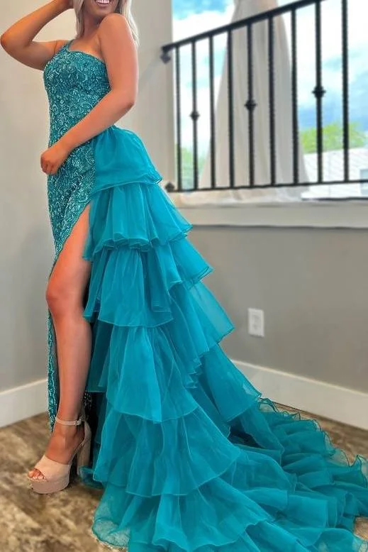 Customer Appreciation Sale One Shoulder Applique Prom Dress with Ruffle Train