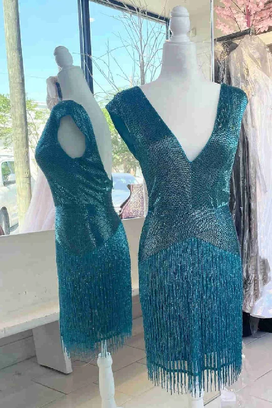 Daily Specials Backless Teal Short Homecoming Dress with Tassel
