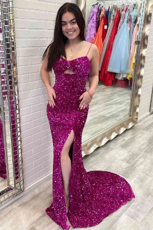 Amazing Deals Long Spaghetti Straps Fuchsia Keyhole Mermaid Prom Dress