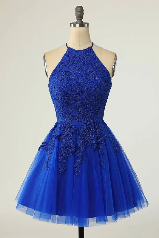 Great Bargains Halter Royal Blue Short Homecoming Dress with Appliques