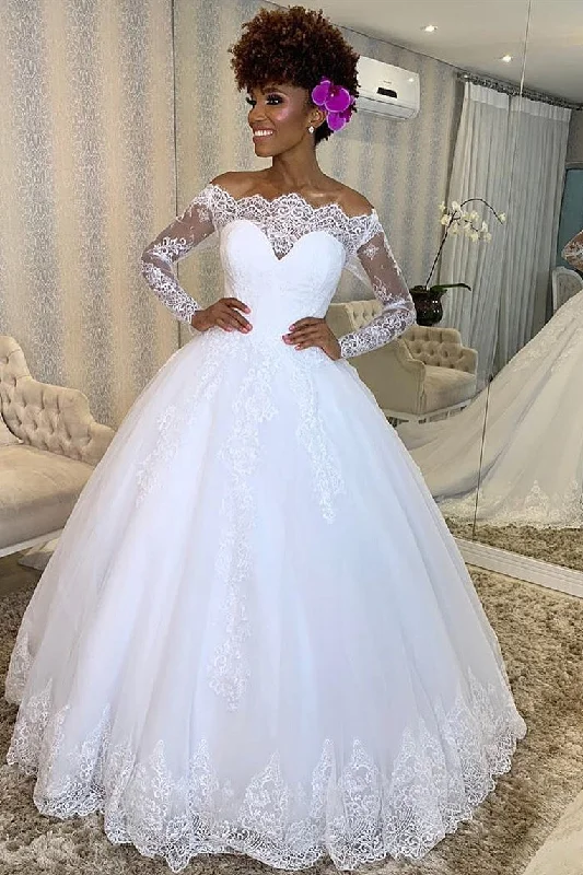 Members Only Princess Long Sleeves Off Shoulder A-line White Wedding Dress