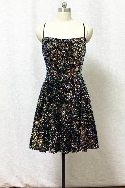 Special Savings Tie Back Short Black Sequins Homecoming Dress