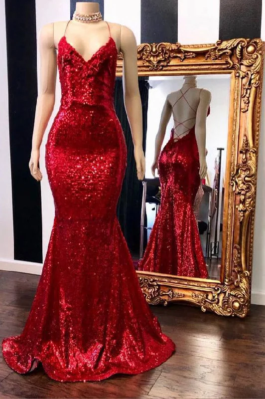 Year-End Sale Spaghetti Straps Sequins Mermaid Long Red Prom Dress