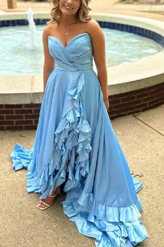 Bargain Prices Strapless Light Blue Pleated Tiered Prom Dress with Slit