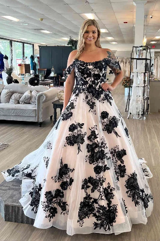 Low Prices Off the Shoulder Tulle Long Wedding Dress with Black Appliques