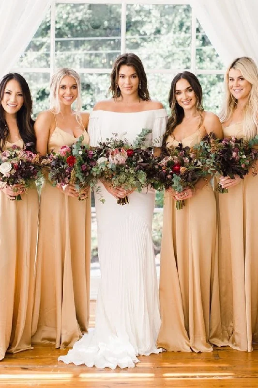 Big Savings Elegant Spaghetti Strap Gold Satin Bridesmaid Dress