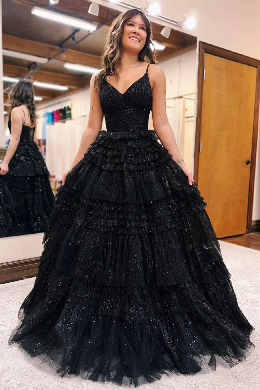 Hurry In Straps Black V-Neck Pleated Tiered Long Prom Dress