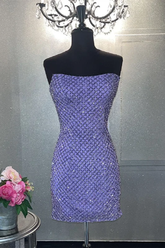 Major Savings Strapless Lavender Rhinestones Grid Homecoming Dress