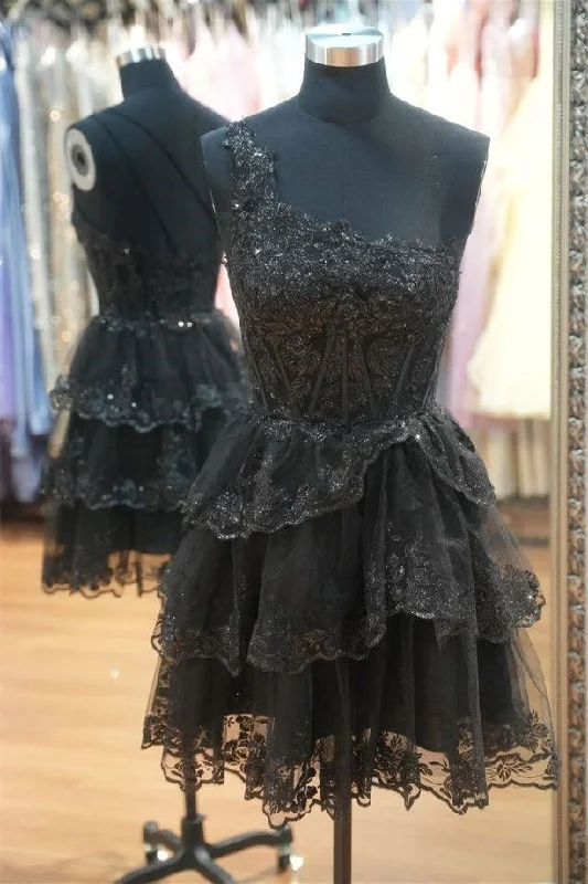 Buy More, Save More Black One Shoulder Appliques A-Line Ruffle Short Homecoming Dress