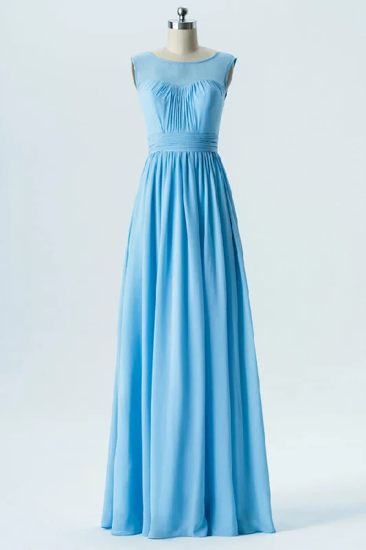 Value Deals V-Back Sky Blue Pleated Bridesmaid Dress