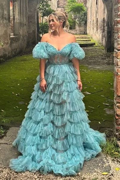 Amazing Deals Off the Shoulder Tulle Tiered Prom Dress with Floral Print