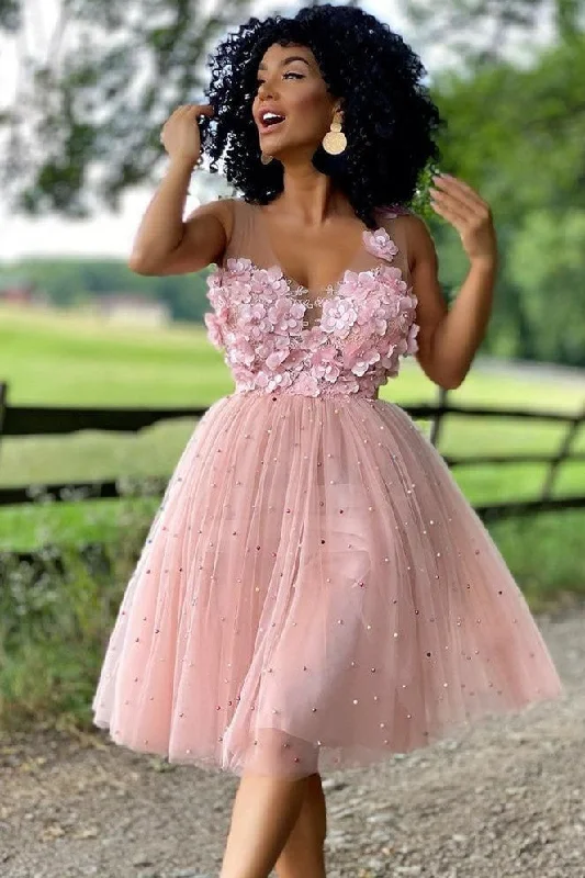 Price Blitz Princess A-Line Pink Beaded Homecoming Dress with Flowers
