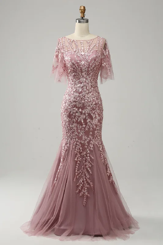 Crazy Savings Dusty Rose Butterfly Sleeves Appliques Mermaid Long Mother of the Bride Dress