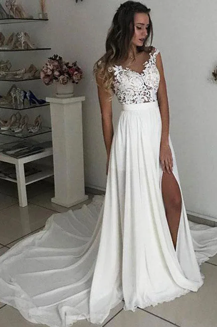 Price Cut Sheath Long A-line V-Neck White Wedding Dress with Slit