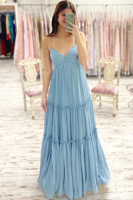 Instant Savings V-Neck Dusty Blue Empire Long Bridesmaid Dress