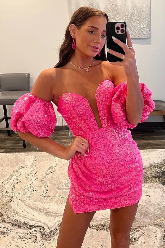 One-DAY Sale Hot Pink Strapless Sequins Homecoming Dress with Detachable Sleeves