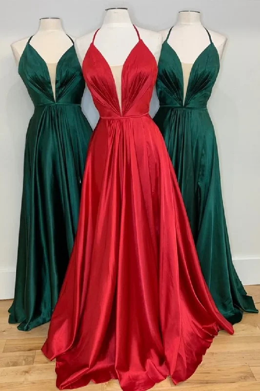 Major Savings Illusion V Neck A-Line Satin Long Prom Dress
