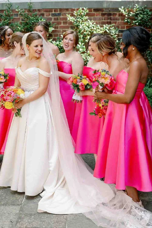 Huge Savings Tea Length A-Line Strapless Neon Pink Bridesmaid Dress