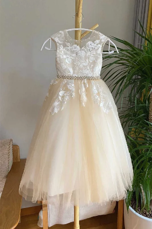 Stock Up and Save Champagne Lace Tulle Flower Girl Dress with Beaded Belt