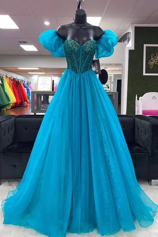 Crazy Savings Blue A-line Puff Off-the-Shoulder Beaded Long Prom Dress