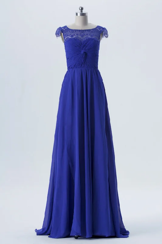Bonus Savings Illusion Crew Neck Royal Blue Bridesmaid Dress with Cap Sleeves