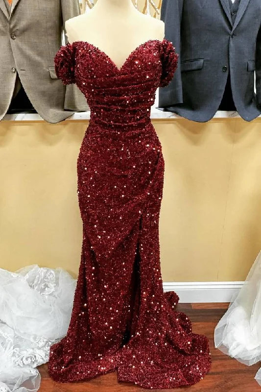 Crazy Deals Sequin Mermaid Slit Prom Dress with Off Shoulder