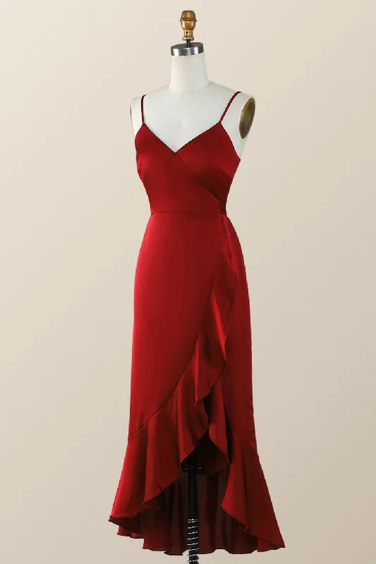 Super Deal Straps Red Ruffle Hi-Low Long Bridesmaid Dress