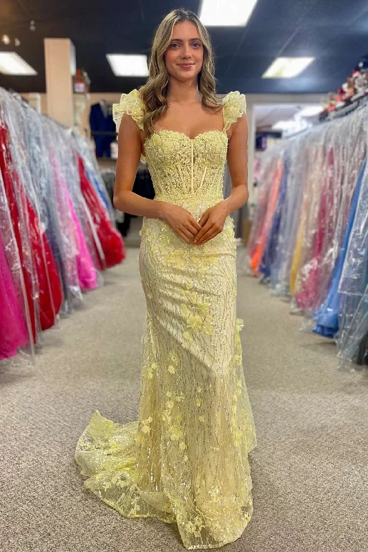 Super Bargain Yellow Ruffle Straps 3D Flower Mermaid Long Prom Dress