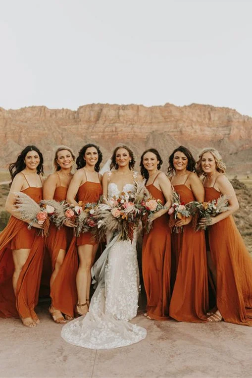 Clearance Sale Spaghetti Strap Long A-line Pumpkin Bridesmaid Dresses