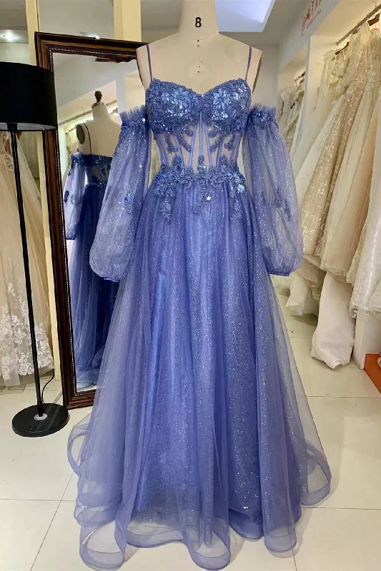 Deal Explosion Lavender Off-the-Shoulder Sequins Applique Boning Long Prom Dress