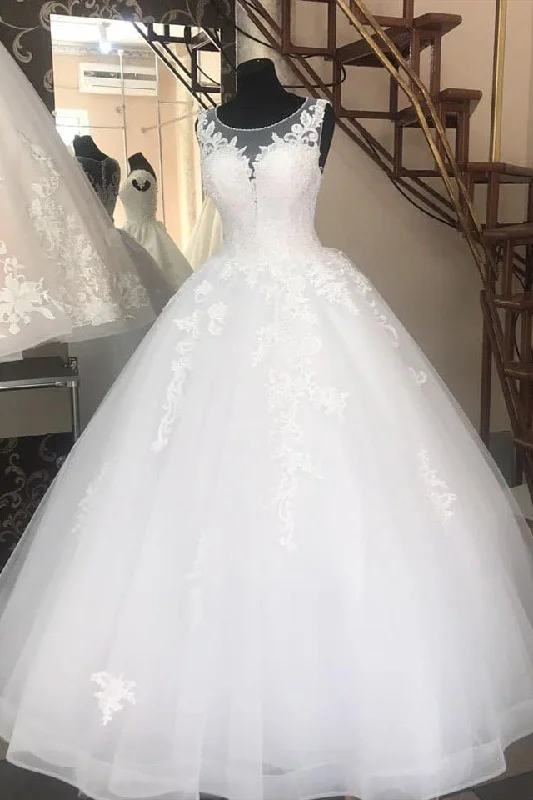 One-DAY Sale A-line Jewel Poofy Long White Wedding Dress with Lace Appliques