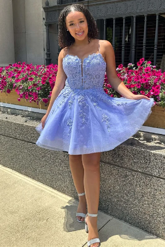 Major Savings Straps Periwinkle Corset A-Line Homecoming Dress with Appliques