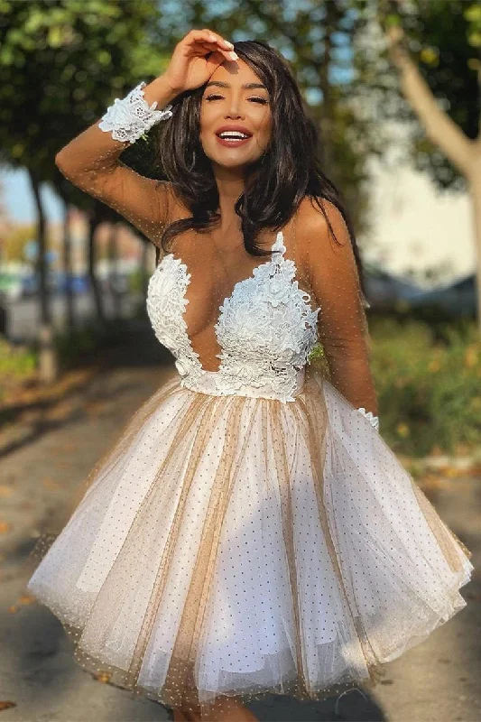 Best Bargains Plunging Neck Appliques Short Homecoming Dress with Long Sleeves