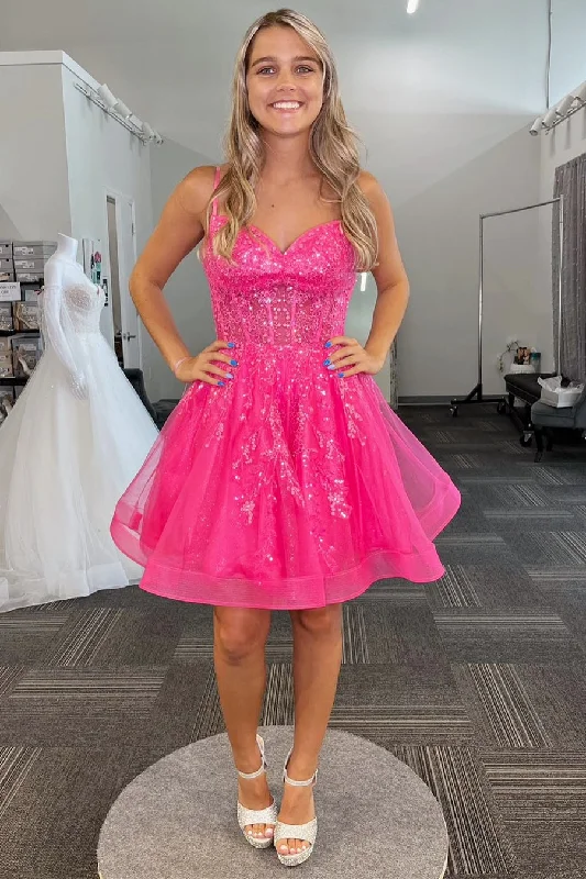 Quick Sale Hot Pink Straps Sequin A-Line Short Homecoming Dress