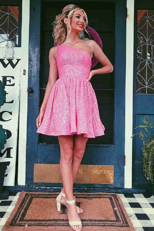 Final Clearance A-Line Hot Pink One Shoulder Short Homecoming Dress
