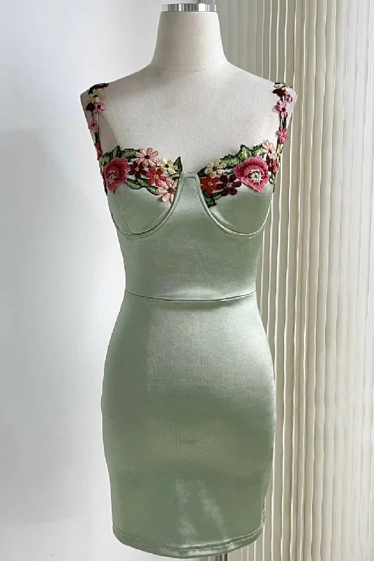 Factory Direct Sale Gorgeous Sage Green Floral Embroidery Short Party Dress