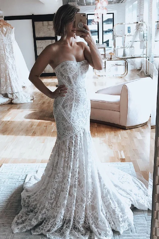 Holiday Sale Princess Long Strapless Mermaid Ivory Wedding Dress with White Lace